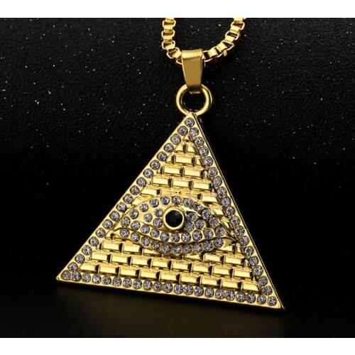 Fashion Triangle Pyramid Pendant Necklaces Women Men Hip Hop Jewelry Statement Gold Long Chain Rhinestone Evil Eye Necklace