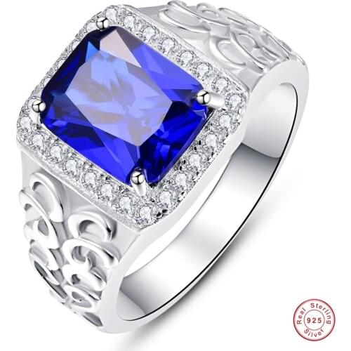 925 Sterling Silver Square Royal Blue Cubic Zirconia Embossed Mens Ring Created Sapphire White Zircon Hollow Ring