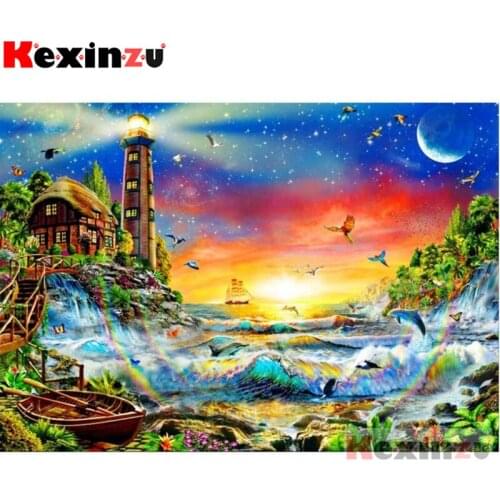 Kexinzu Full Square/Round Drill 5D DIY Diamond Painting "Seaside lighthouse" Diamond Embroidery Cross Stitch 3D Decor Gift K@#00