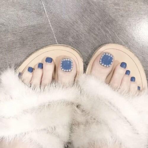 Ocean blue cream pure color with pearl diamond 3D false nails for toe Summer cute toe nails 24pcs with glue ladu full nail tips