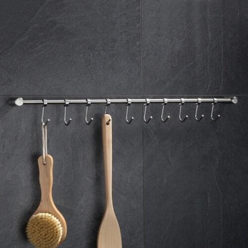 Stainless Steel Wall Mount Pot Pan Hanging Rack Rail Kitchen Straight Bar Utensil Cookware Organizer with Sliding Hooks