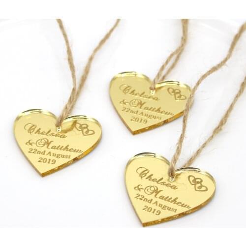 12 Pcs Personalized Gold Mirror Love Heart Tags Engraved Gift Labels Baptism Baby Shower Tag Wedding Bridal Shower Decor Favors