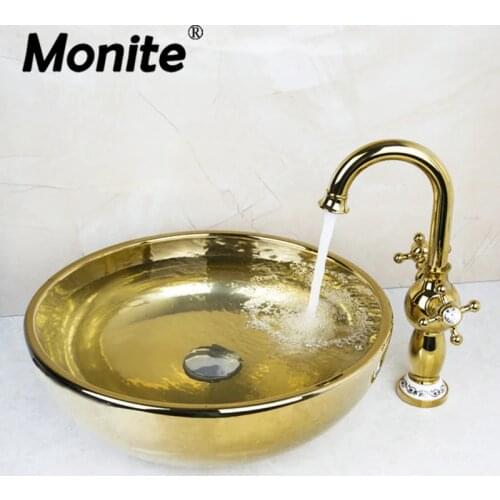 Double Handle Golden Kitchen Swivel Tap Washbasin Luxury Ceramic Lavatory Bathroom Sink Set Bath Combine Brass Mixer Faucet