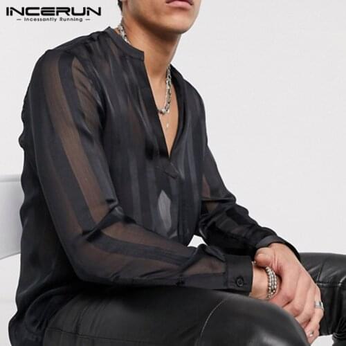 Mesh Men Shirt Striped Deep V Neck Sexy Transparent Long Sleeve Fashion Party Nightclub Shirts 2021 Streetwear Camisas INCERUN