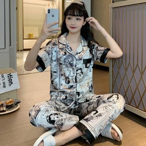 Disney Cartoon Snow White Short Sleeve Silk Pajamas Autumn Women Pajama Sets Silk Pijama Suit Sleepwear Pyjamas Nightwear Set
