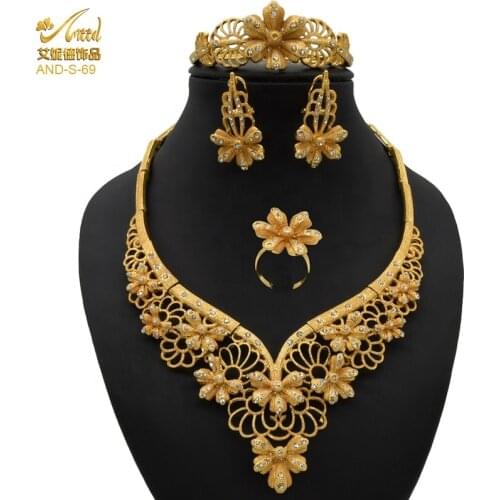 Jewelery Set Dubai Earrings Sets For Women Indian Bridal Gold Necklace Earrings Necklace Wedding Rings Accessories Four-Piece