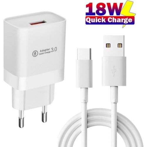18W Quick Charge 3.0 USB Charger EU Wall Mobile Phone Charger Adapter Type C Micro USB Cable Fast Charging For iPhone XS Samsung