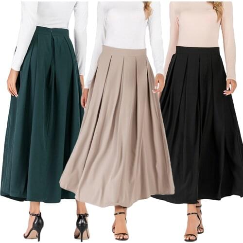 Plus Size Muslim Pleated Women Long Skirt Vintage High Waist Flare Swing Maxi Skirts Casual Arab Buttoms Clothing Solid Color