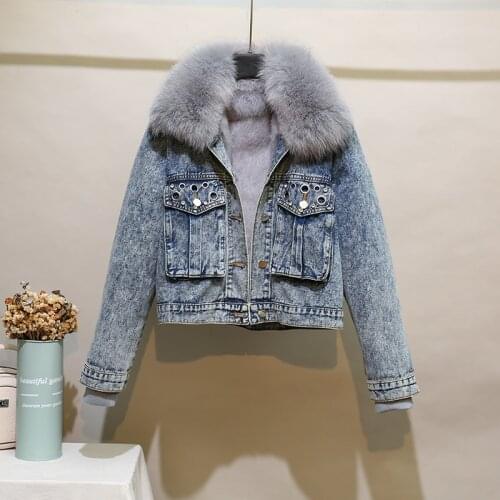 Winter Womens Warm Real Natural Fox Fur coat + Rabbit Hair Liner Denim Jacket Female Rivet beading Real Fox Fur Outerwear F2500