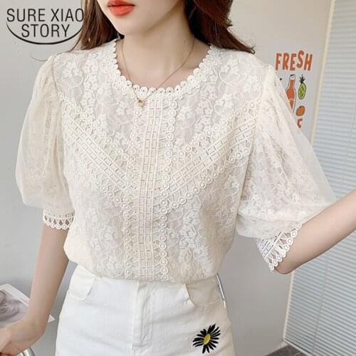 2021 Summer Lace Chiffon Womens Shirt New Elegant Sweet Crochet Lace Hollow Floral O Neck Short Sleeve Loose Blouse Tops 15266