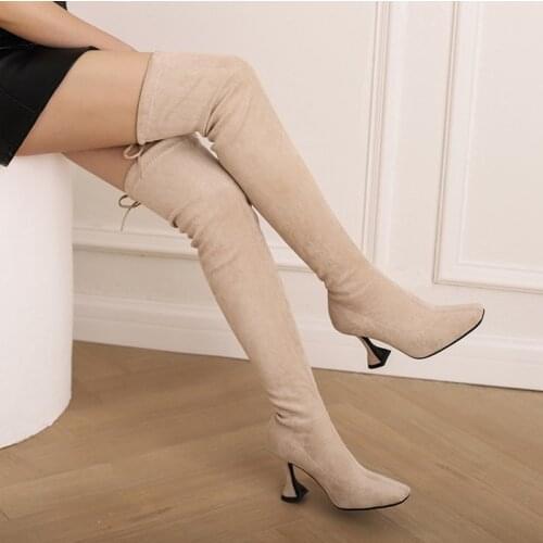 Ochanmeb Stretch Elastic Faux Suede Over-the-Knee Boots Women Slim Leg Sexy Wine Glass High Heels Boots Woman Square Toe Shoe 43