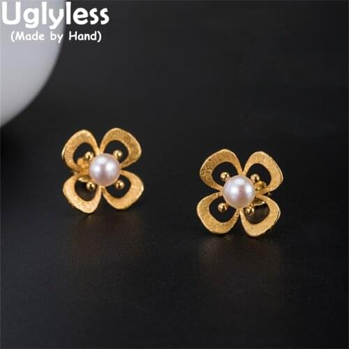 Uglyless Hollow Petals Flower Studs Earrings for Women Natural MINI Pearls Brincos 100% Genuine 925 Sterling Silver Floral Jewel