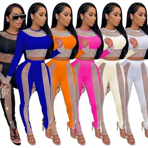 Sheer Mesh Sequins Patchwork Two Piece Set For Women Long Sleeve Shiny Crop Top And Long Skinny Pencil Leggings Fitness Clubwear
