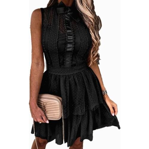 Women Elegant Sexy Mesh Patchwork Bowknot Sweet Party Dress Lace Design Ruffle Mini Dress Fashion Polka Dot Print Princess Dress