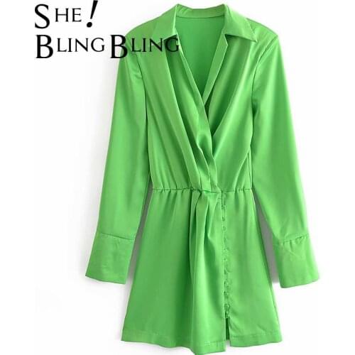 SheBlingBling 2021 Za Female Green Satin Shirt Dress Folds Front Single Breasted High Waist Wrap V Neck Casual Women Mini Dress
