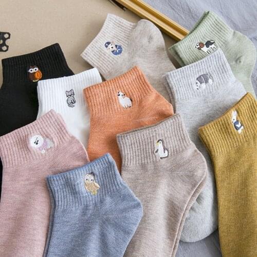 1 Pair Harajuku Solid Color Cute Casual Women Low Cut Cartoon Summer Candy Color Animal embroidered socks Cotton Ankle Slipper