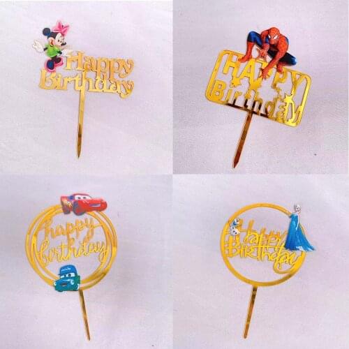 1pcs Disney Theme Cake Topper Mickey Mouse Spiderman Princess Elsa Acrylic Cake Toppers Birthday Ceke Gold Cupcake Decorations