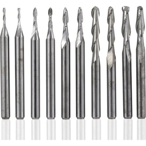 10 pcs 1/8 shank shank (3.175mm) rod 1.0 / 1.5 / 2.0 / 2.5 / 3.175mm nose ball end mill spiral set carbide cnc router bit wood e