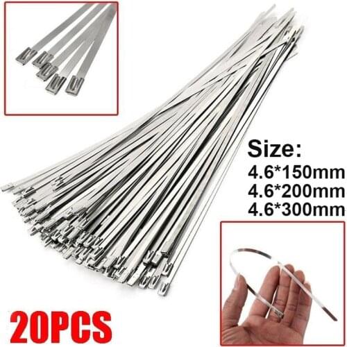 20Pcs 304# stainless steel cable tie 150mm/200mm/300mm heavy self-locking cable tie multi-purpose metal exhaust pipe fixing tie