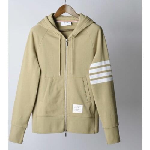 2021 Fashion Brand TB THOM Hooded Jacket Men Women Striped Sweatshirts Cotton Hoodies Clothing Khaki Casual Sportswear Coat