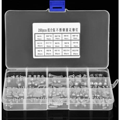 250Pcs/Set M2-M5 Rivet Stainless Round Head Steel Assortment Kit wood screw and nut Knurled Shank Solid Rivets Cheap Price