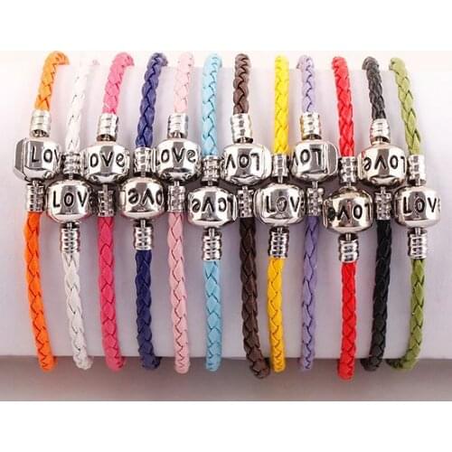 Braided Leather Love Clasp European Charms Bracelet 8 Inch Long 6pcs