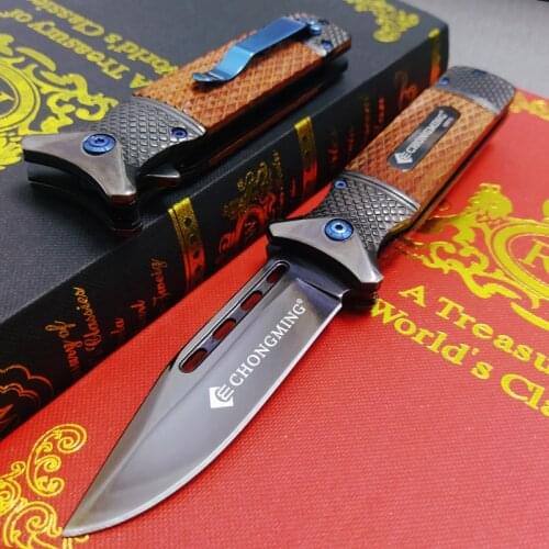 8.6'' Damascus Quick Folding Blade Knife 440C Steel Woood Handle Pocket Folding Knife Camping Hunting Survival Knives EDC tool