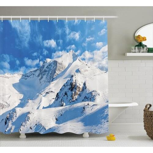 Lake House Decor Shower Curtain Mountain Landscape Ski Slope Winter Sport Telfer and Snowboarding Image Bathroom Curtains