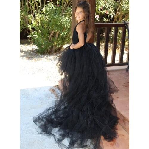 Elegant Girls Black Trailing Tutu Dress Kids Crochet Tulle Strap Dress Evening Ball Gown Children Birthday Party Costume Dresses