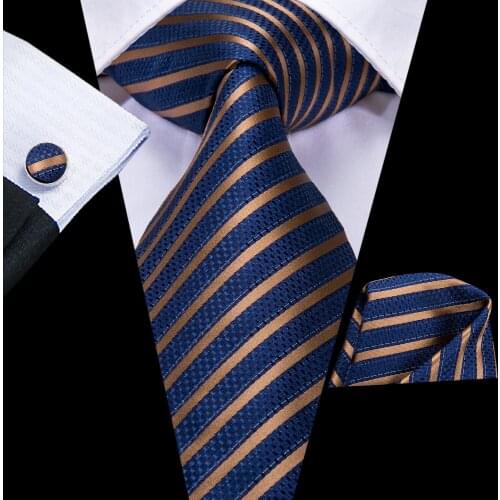 Hi-Tie Mens Necktie Navy Blue Gold Striped Silk Wedding Tie For Men Hanky Cufflinks Set Business Party New Designer Dropshipping