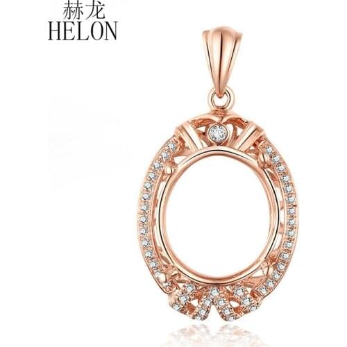 HELON Oval 13x11mm Solid 14K Rose Gold AU585 Retro Engagement Wedding Jewelry 0.2CT Natural Diamond Semi Mount Pendant Setting