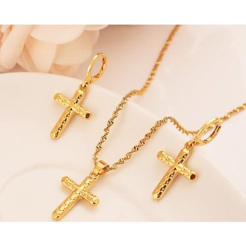 Gold small cross Pendant Necklace chain Earrings sets Jewelry Gold Christian jewelry sets for women girl Best Jesus Gifts