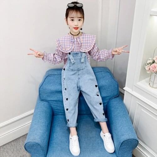 Girls Suits Blouse + Overalls Kids Cotton Teenagers Spring Summer Tracksuits For 4-12 Years Outfits Children Clothing Set Outfit