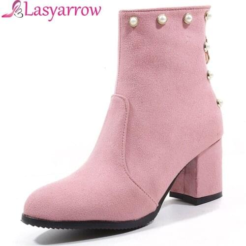 Lasyarrow Brands Shoes Women Chunky Heels Womens Autumn Winter Ankle Boots For Women String Beading Female Sapatos Femininas