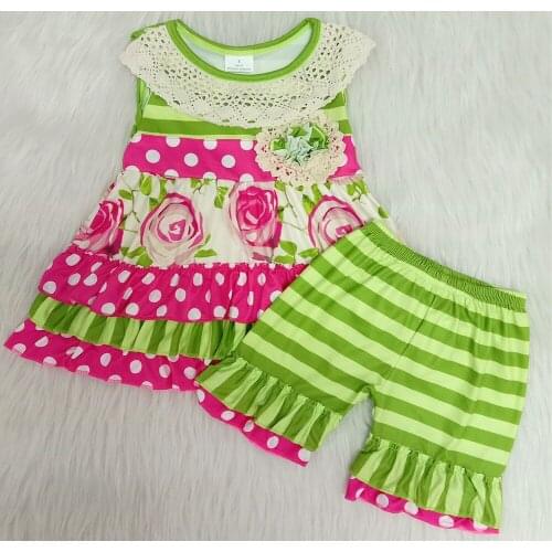 Summer flower toddler girl outfits girls high quality sleeveless t shirt+green striped shorts 2 pcs sets