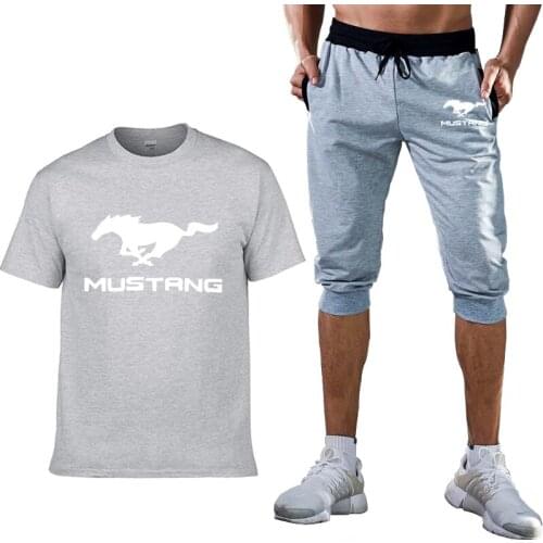 Mens T-shirt Mustang Car Logo print summer High Quality Cotton casual trend Mens short sleeve+3/4 jogging shorts 2-piece set