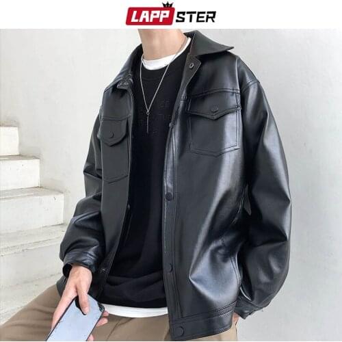 LAPPSTER Men Colorful Harajuku Casual Leather Jacket 2021 Mens Japanese Streetwear Vintage Fur Coat Male Oversized Windbreaker