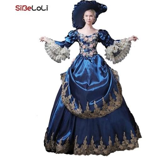 Brand New 2021 Blue Flare Sleeve Christmas Masquerade Party Dresses Medieval Appliques Marie Antoinette Ball Gowns For Women