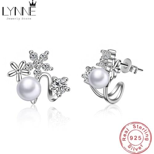 New Fashion Delicate Pearl&Flower Rhinestone Stud Earrings 925 Sterling Silver CZ Clip Ear Stud Women Collar Cuff Jewelry Gift