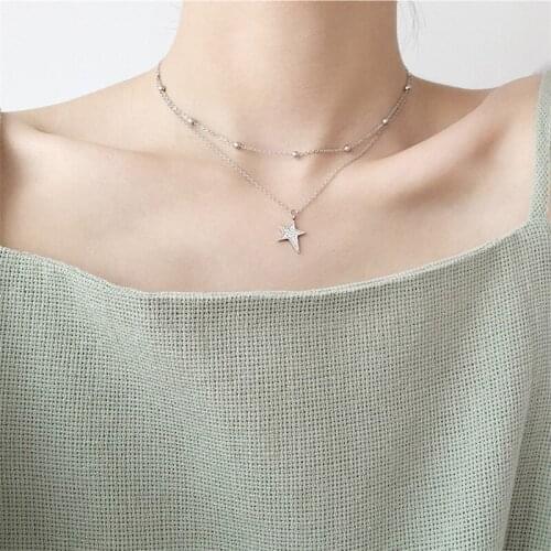 Top Quality 925 Sterling Silver Necklace For Women Jewelry Charm Zircon Star Necklace Female Trendy Double Layer Clavicle Bijou
