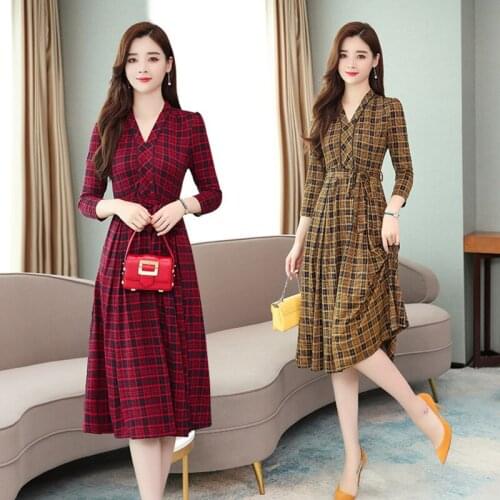 Plaid Midi Dresses Autumn Long Sleeve Dress Elegant Women 2021 Vintage Female Red Winter New 3XL Plus Size Solid Party Vestidos