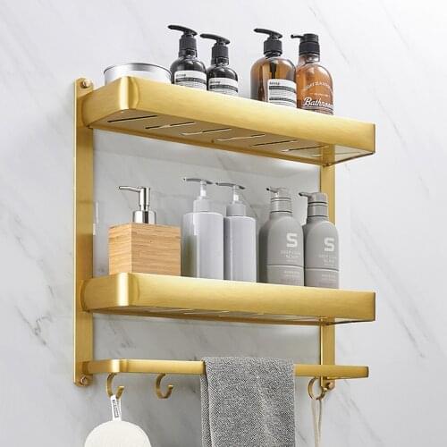 Bathroom Shelves Brush Gold Bathroom Corner Shelf With Towel Bar Wall Mounted Shampoo Rack Shelf Aluminium Bathroom Accessories