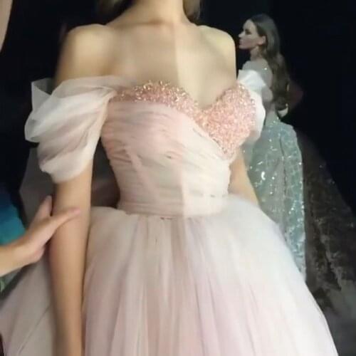 Pink prom dresses 2020 sweetheart neckline pearls beading tulle ball gown evening dresses formal dresses