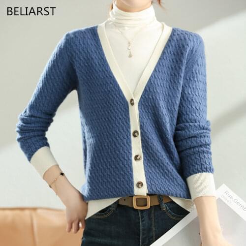 2021 Autumn and Winter Cashmere Sweater Woman V-neck Cardigan Korean Fashion Casual Knitted Tops 100% Wool Long-sleeved Jacket