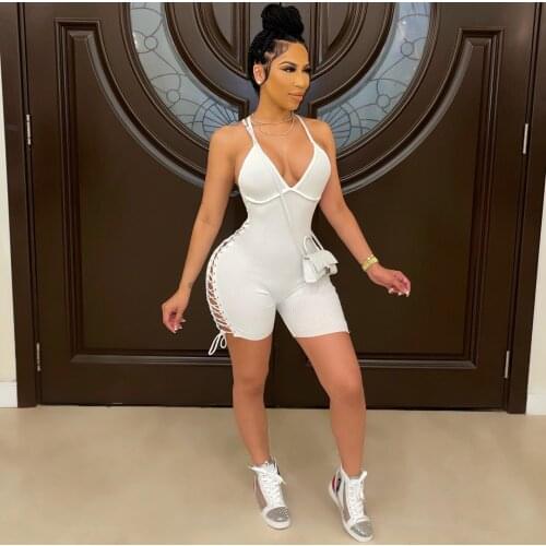 Casual Women Jumpsuit Knit Ribbed Bandage Hollow Out Short Romper Women Jumpsuit Outfit