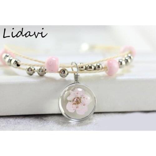 Lidavi Glass Bracelet Weave Lucky Flower Bracelets Handmade Dandelion Woven Dried Flowers Glass Bead Bracelet Women Jewelry New