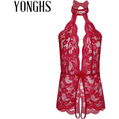Open Crotch Erotic Lingerie Suit for Womens Sexy Sleepwear Nightwear Lace Halter Neck Deep V Neck Crotchless Bodysuit Underwear