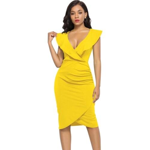 Sexy V Neck Ruffles Sleeveless Wrap Hip Dress Women Plus Size Summer Solid Ruched Bodycon Midi Dress Lady Party Dresses Vestidos