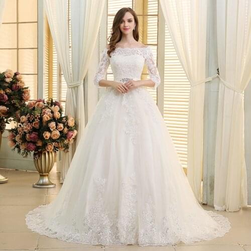 Wedding Dress Lace Boat Neck Appliques Wedding Gowns Elegant Lace Up Long Sleeve Bridal Dresses Vestido De Novia