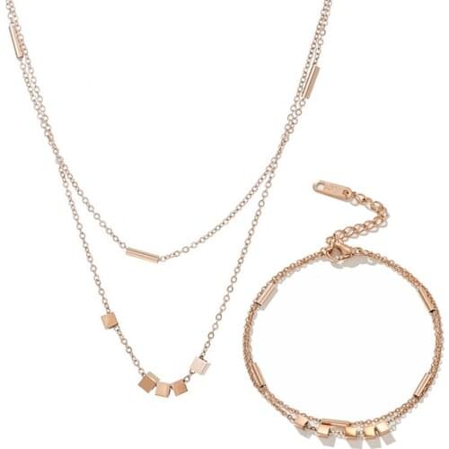 316L Stainless Steel Small Square Double-layer Titanium Steel Bracelet Necklace Set Simple Cube Tassel Jewelry Set